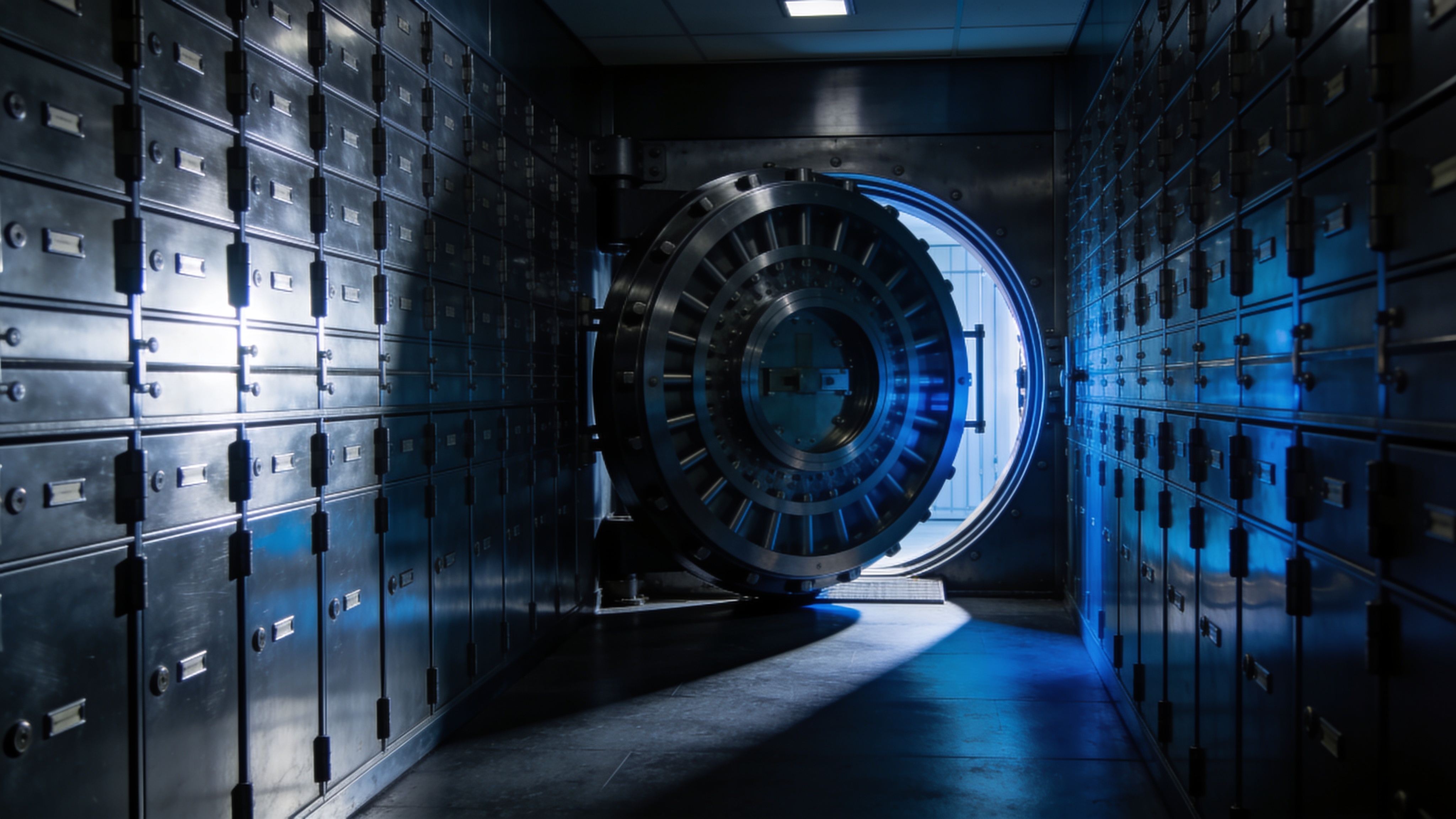 High-security vault corridor with steel safe deposit boxes