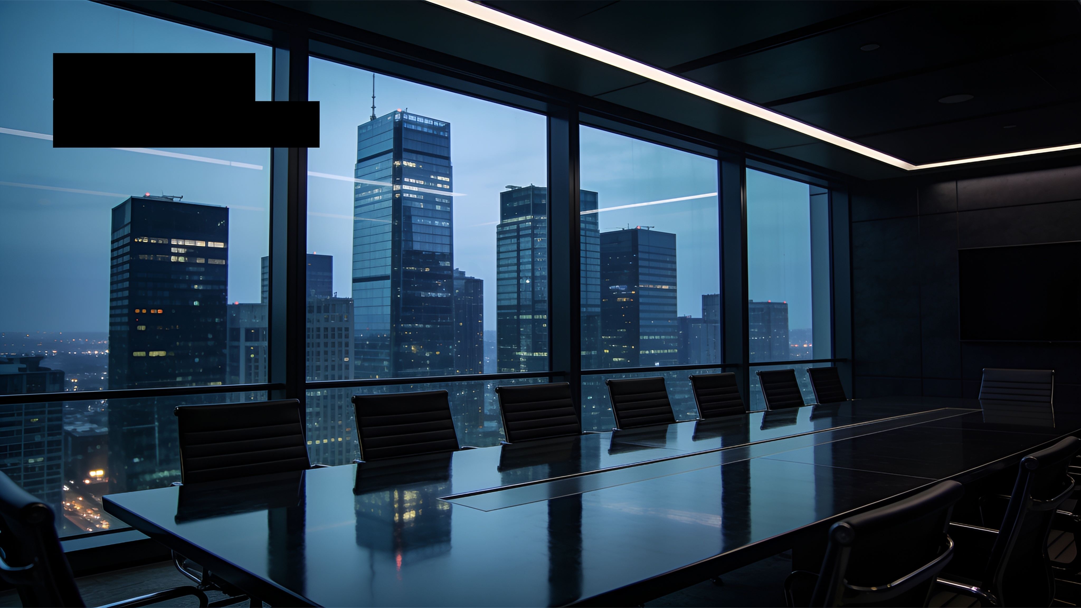 Executive boardroom overlooking a city skyline at night