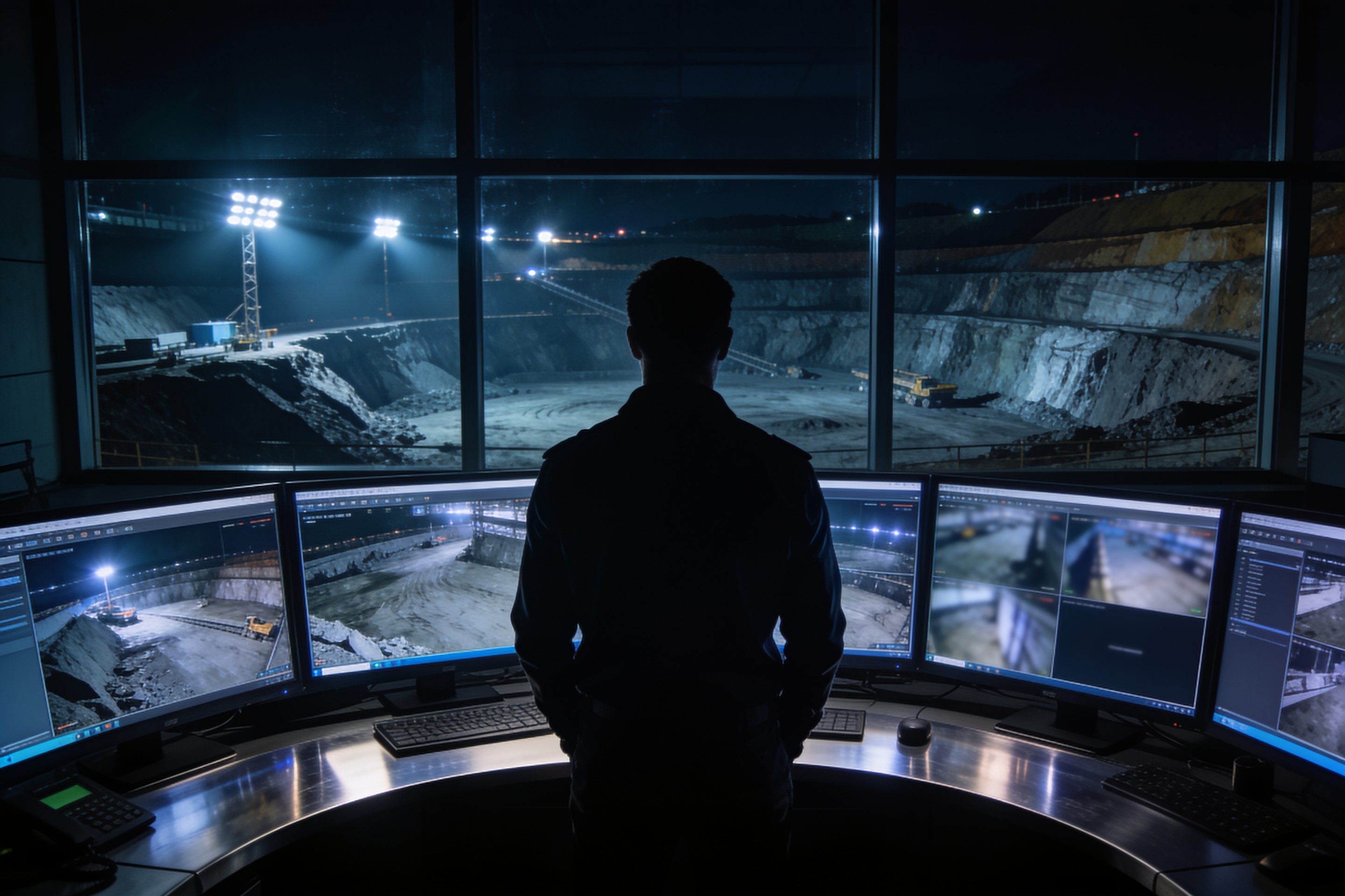 Mine security control room overlooking the floodlit pit